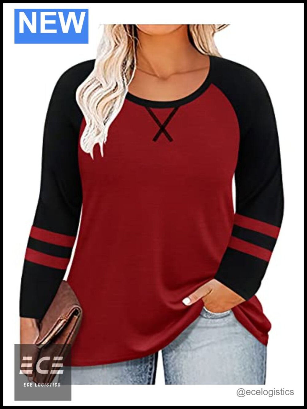 Plus Size Long Sleeve Tunic Top Color Block Crewneck Casual Fall Blouse